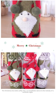 Detailed knit texture of Santa wine bottle covers with pom-pom ties in festive colors