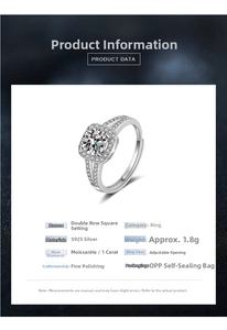 Detailed specs of the 1ct moissanite S925 silver ring with double row square setting