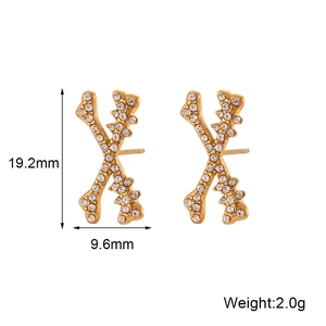 Gold X-shaped bone stud earrings with pavé rhinestones in a minimalist design