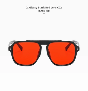 Glossy black square sunglasses with red lenses and silver rivet detailing C02 model