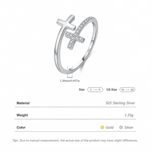 Bague ajustable en argent sterling S925 avec design de croix en zircone