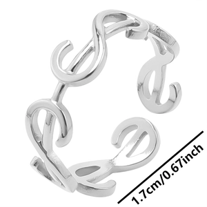 Detailed view of silver stainless steel open ring with 1.7cm diameter dimension markings