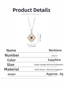 Detailed view of S925 silver necklace with 17.1mm oval sapphire floral pendant