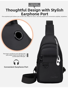 Detail of black tactical chest bag showing a dedicated headphone jack and matte fabric