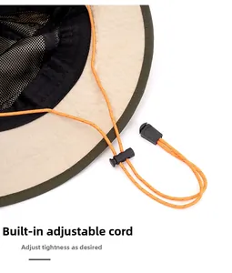 Détail d'un chapeau de soleil extérieur avec filet respirant et cordon de serrage orange réglable