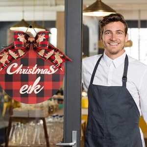 Round wooden Christmas door sign with red black plaid elk design and a ribbon bow