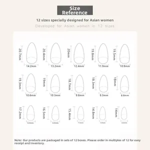Detailed size chart for press-on nails showing 15 different length and width measurements