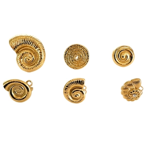 Golden seashell adjustable stainless steel open rings with conch and ammonite designs