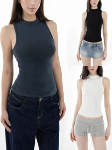 Damen Mock Neck Ärmelloses Tank Top Rippstrick Slim Fit Viskose Baumwolle Mischung Basic Weste