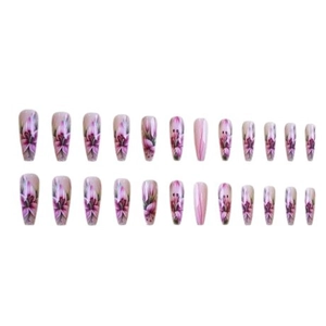 24pcs long coffin press-on nails with purple lily floral patterns and pink stripe designs