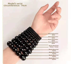 Black round bead bracelet size comparison chart from 4mm to 20mm on model wrist