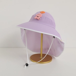 Detail of purple sun hat for kids featuring a wide brim and protective neck flap