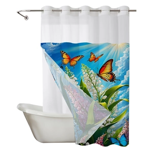 Double-layer waffle shower curtain featuring vibrant butterfly and floral print with metal grommets