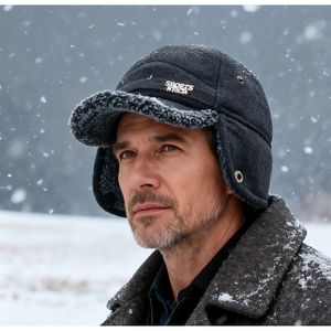 Detail of dark grey winter earflap hat with thick faux shearling lining and metal plaque