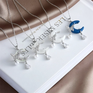 Titanium steel necklace with butterfly moon pendant, pearls and zircons in four color styles