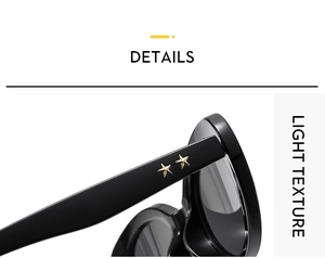 Detail of black sunglasses arm featuring dual gold star emblems and light texture