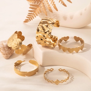 Stainless Steel Cuff Bracelet Gold Plated Adjustable Hammered Leaf Heart Feather Geometric Jewelry For Women