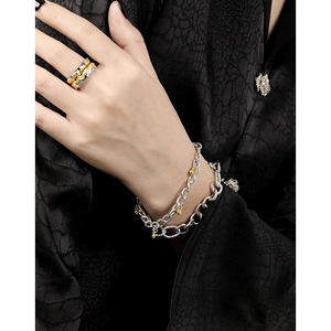 S925 sterling silver chain bracelet with gold beads and textured irregular ring set
