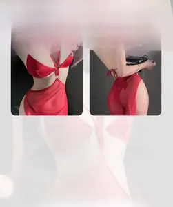 Deep red halter neck lingerie with side slit detail and floral neck accessory