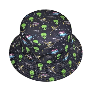 Unisex black bucket hat featuring green alien and purple UFO spaceship patterns