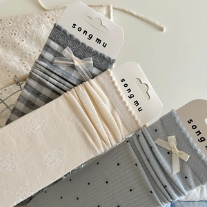 Three-pack cotton crew socks for girls with bow details in grey plaid and light blue polka dots