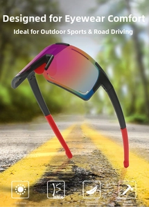 Detail of red and purple polarized lenses on professional cycling sports sunglasses