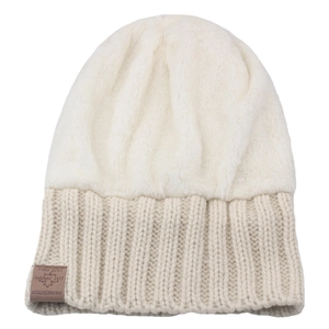 Thick cable knit winter hat with plush faux fur top and leather label in ivory white