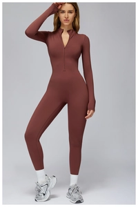 Detail of dark brown thermal yoga bodysuit with front zipper and long sleeves