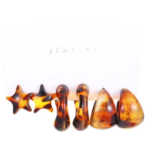 Retro coffee brown tortoiseshell resin earring set with star, C-shape, and drop designs