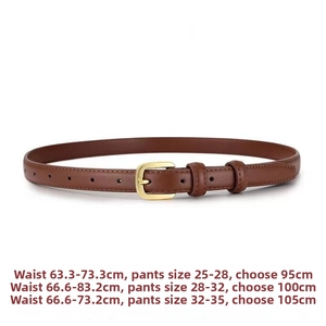Women thin brown leather belt with gold buckle fashion waist accessory for dress jeans.