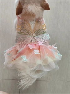 Detail of pink-orange gradient dog dress with embroidered butterflies and tulle layers