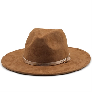 Vintage Faux Suede Fedora Hat Flat Brim Gentleman Jazz Cap Belt Buckle Panama Hat Women Men Fashion Wide Brim Casual Sun Hat