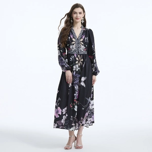 Elegant V-neck long sleeve floral print maxi dress with waist cinching and ruffle detail