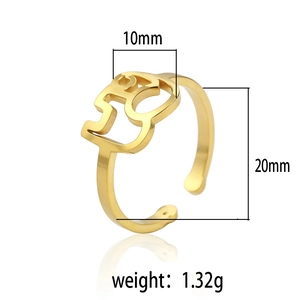 Detail view of golden elephant open ring showing 10mm width and 1.32g weight specs