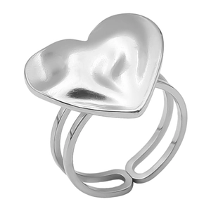 Detail view of silver heart ring with textured surface and adjustable double-layer band