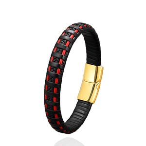 Men's multilayer braided leather bracelet with red accents and gold magnetic clasp