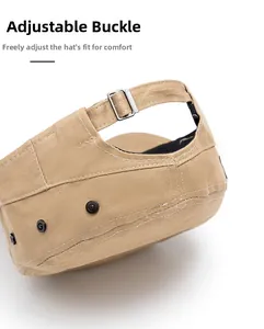 Detail of adjustable metal buckle and breathable eyelets on khaki flat top military cap