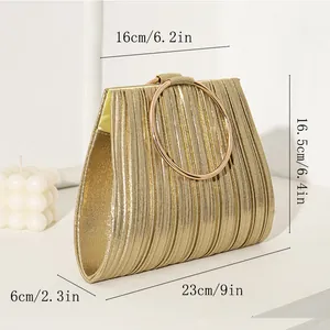 Detailed size chart showing dimensions for the pleated evening clutch bag with ring handle