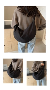 Three-way split view of large black nylon crescent crossbody bag on a casual model