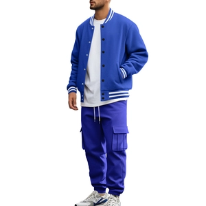 Detail view of the blue stand collar baseball jacket and matching cargo sweatpants set
