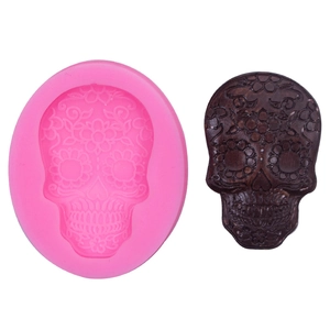 Molde de silicona calavera de azúcar para chocolate con grabados florales y muestra