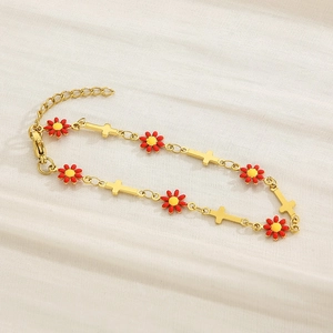 Golden titanium steel bracelet featuring colorful daisy charms and cross pendants detail