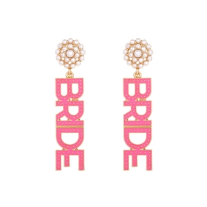 Pink enamel BRIDE earrings with faux pearls and gold alloy trim for wedding season