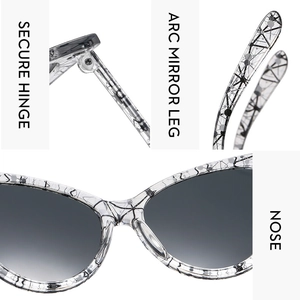 Detail view of cat-eye sunglasses featuring secure hinges and ergonomic curved temples