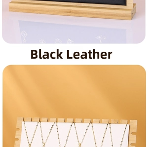Bamboo necklace display stand with black leather base and multiple gold chain slots