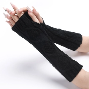Detail of long black diamond pattern knitted arm warmer on model with white background