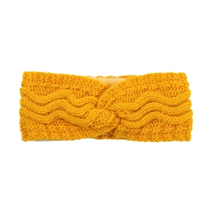 Close-up of bright yellow winter knit headband featuring thick wool texture and warm fleece lining
