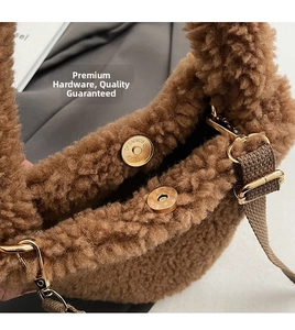 Close-up of coffee brown plush faux fur bag featuring gold magnetic clasp and D-ring hardware