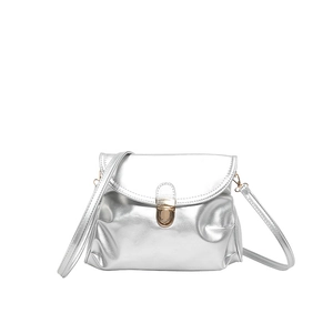 Silver metallic pleated shoulder bag with a gold round twist lock and slender strap