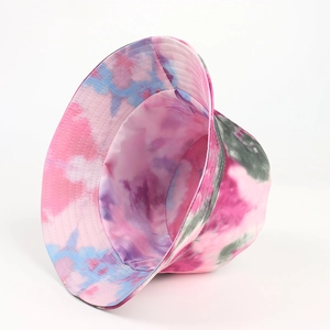 Detail showing the colorful tie-dye patterns and fabric texture of the bucket hat